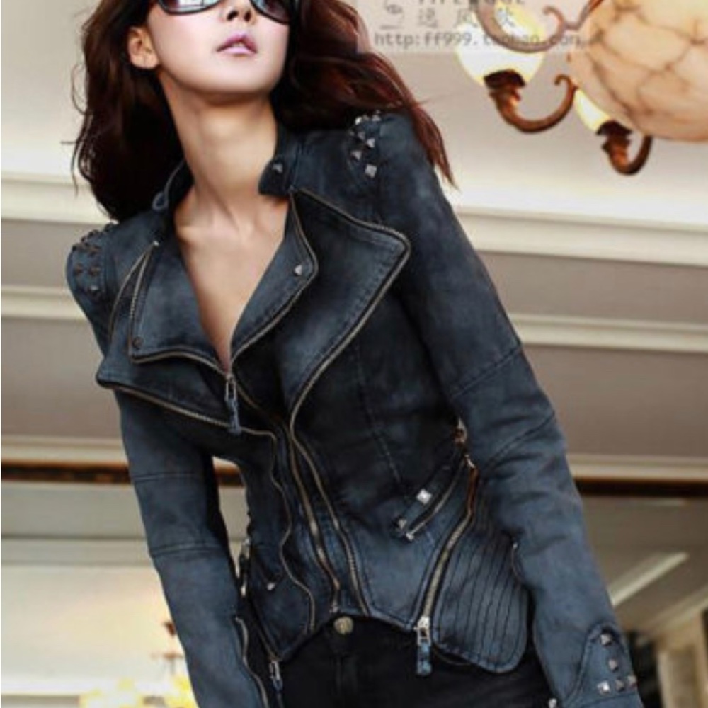 Lookbook Store punk studded notched lapel denim jacket